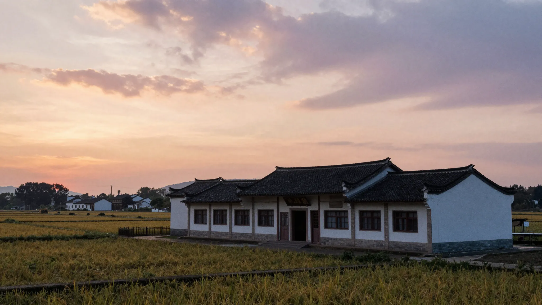 Watercolor style. Silhouette of a traditional village school...