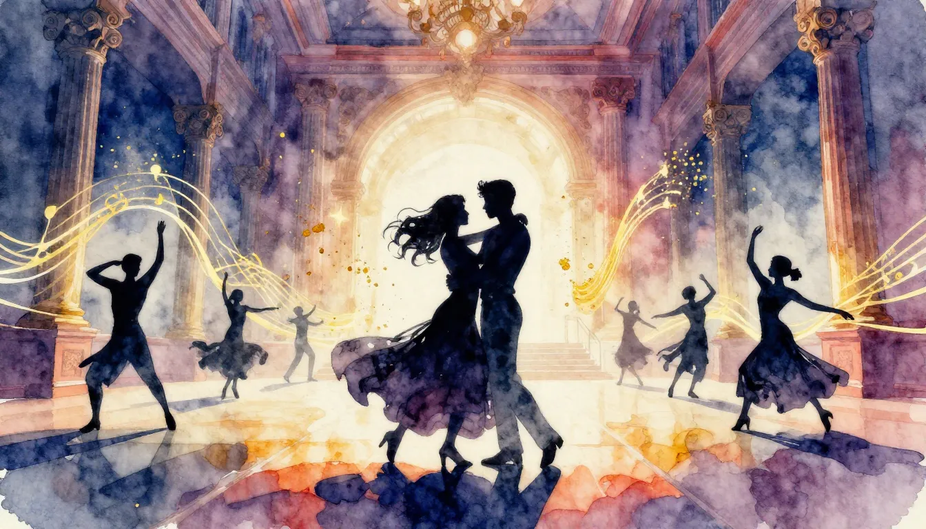 Watercolor style. Silhouettes of dancers in a grand hall, mu...