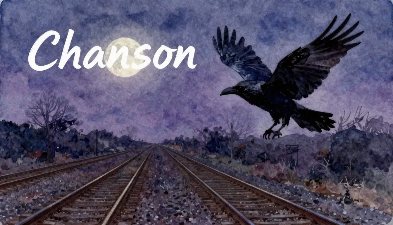 Vibrant watercolor style. "Chanson album cover. Dark, melanc...