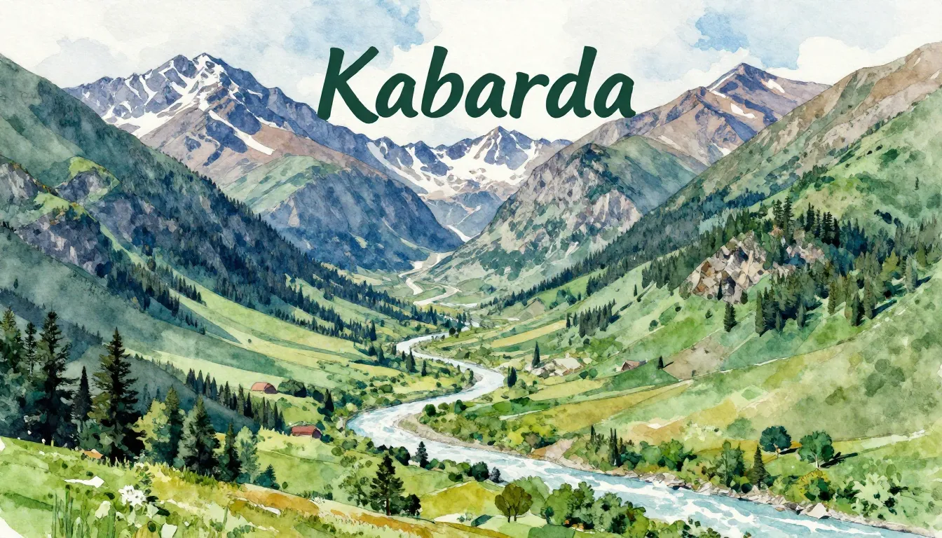 Vibrant watercolor style. Rock album cover for "Kabarda". Ma...