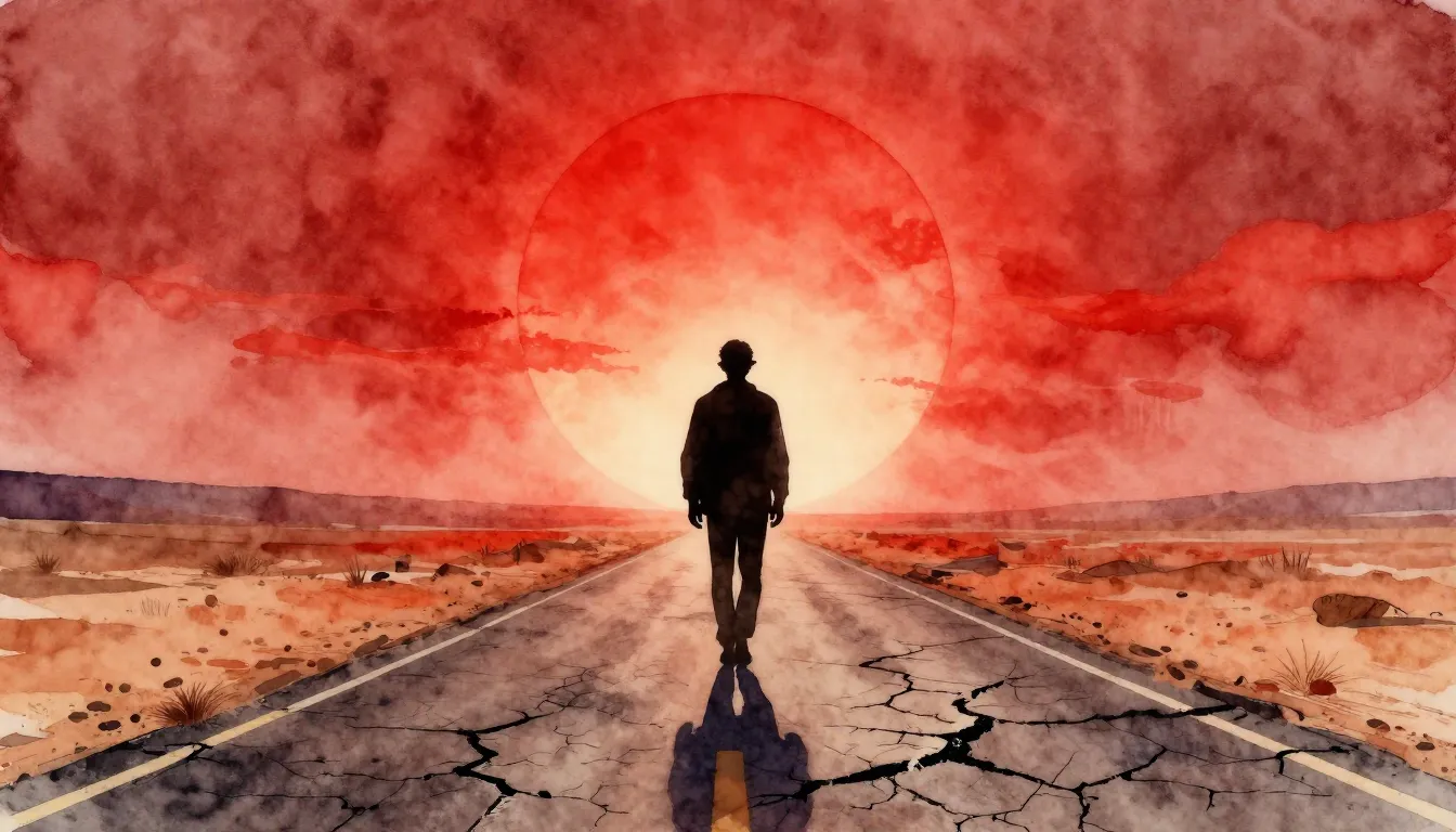 Watercolor style. Silhouette of a lonely figure walking on a...