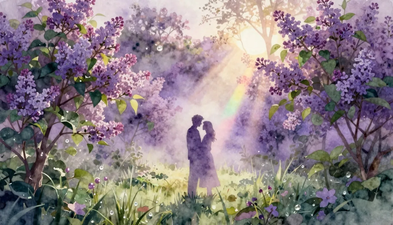 Watercolor style. A silhouette of a couple in a lush summer ...