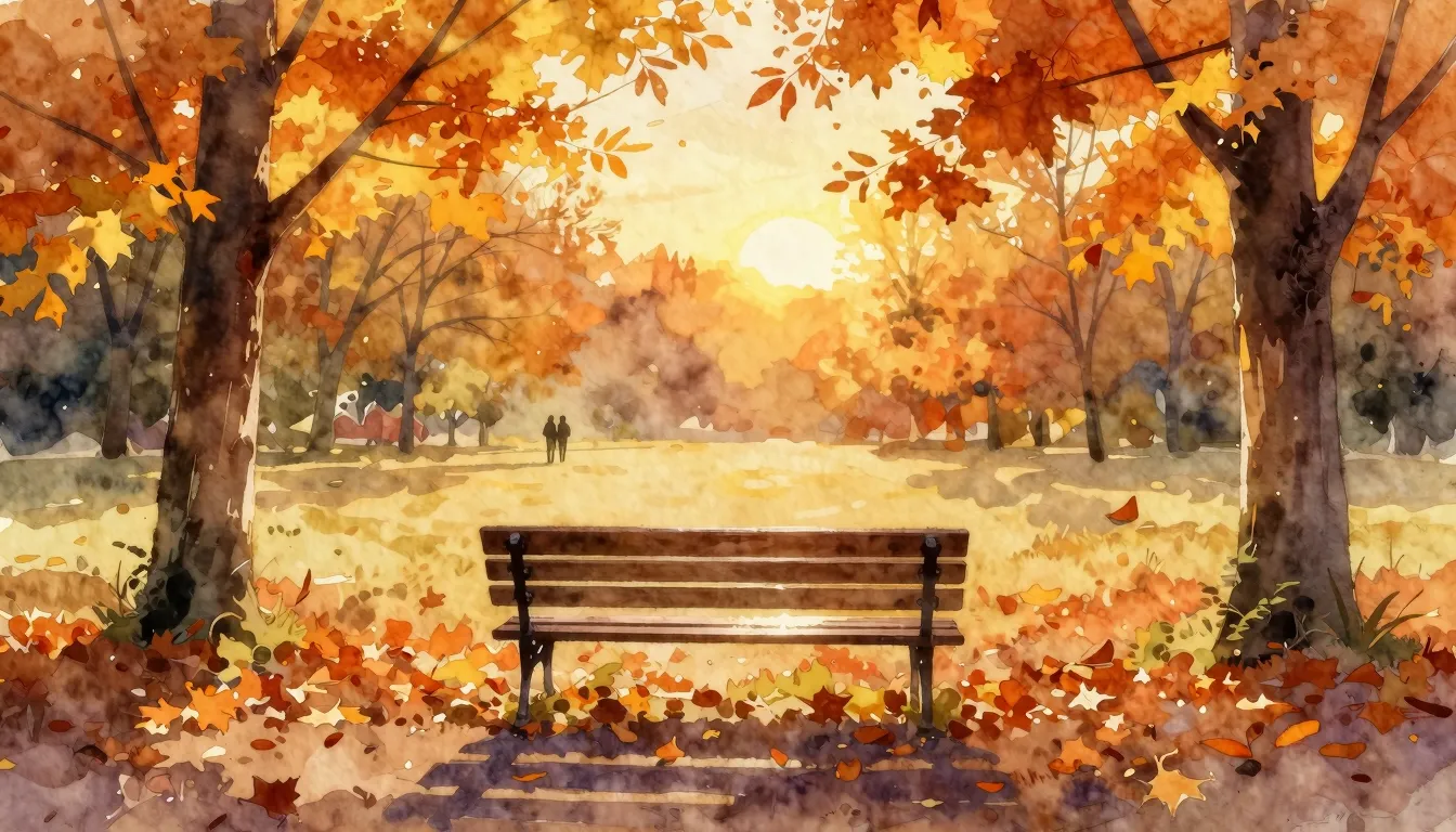 Vibrant watercolor style. A melancholic autumn park bench un...