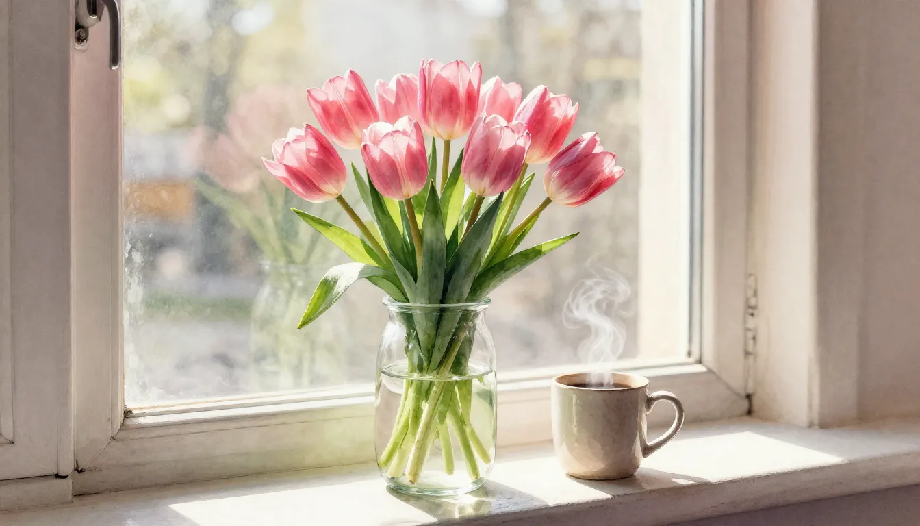 Watercolor style. A cozy window sill with a vibrant bouquet ...