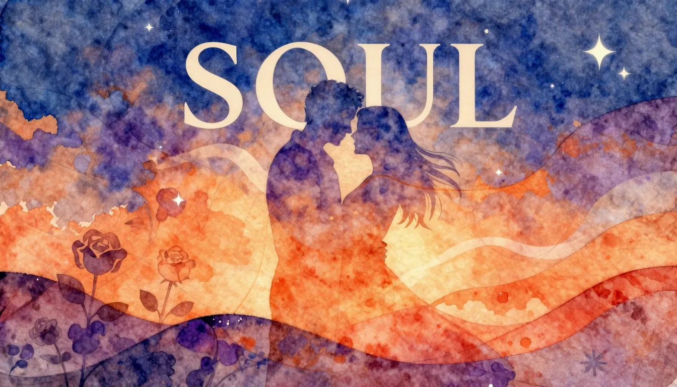 Vibrant watercolor style. Soul music album cover. Warm, roma...