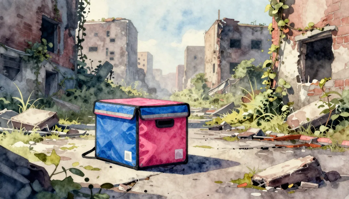 Watercolor style. Post-apocalyptic city ruins, overgrown wit...