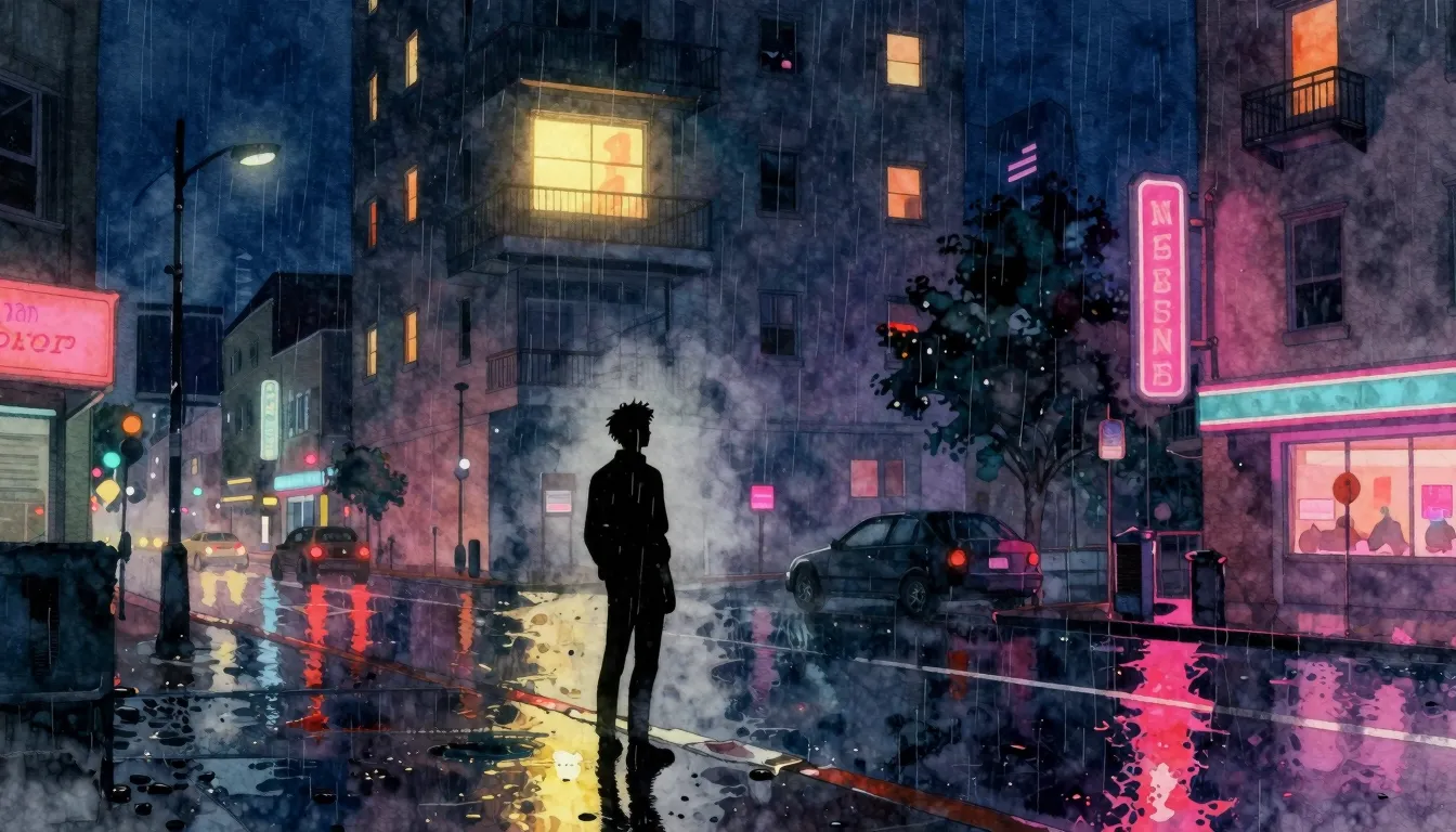 Watercolor style. A lonely silhouette of a young man stands ...