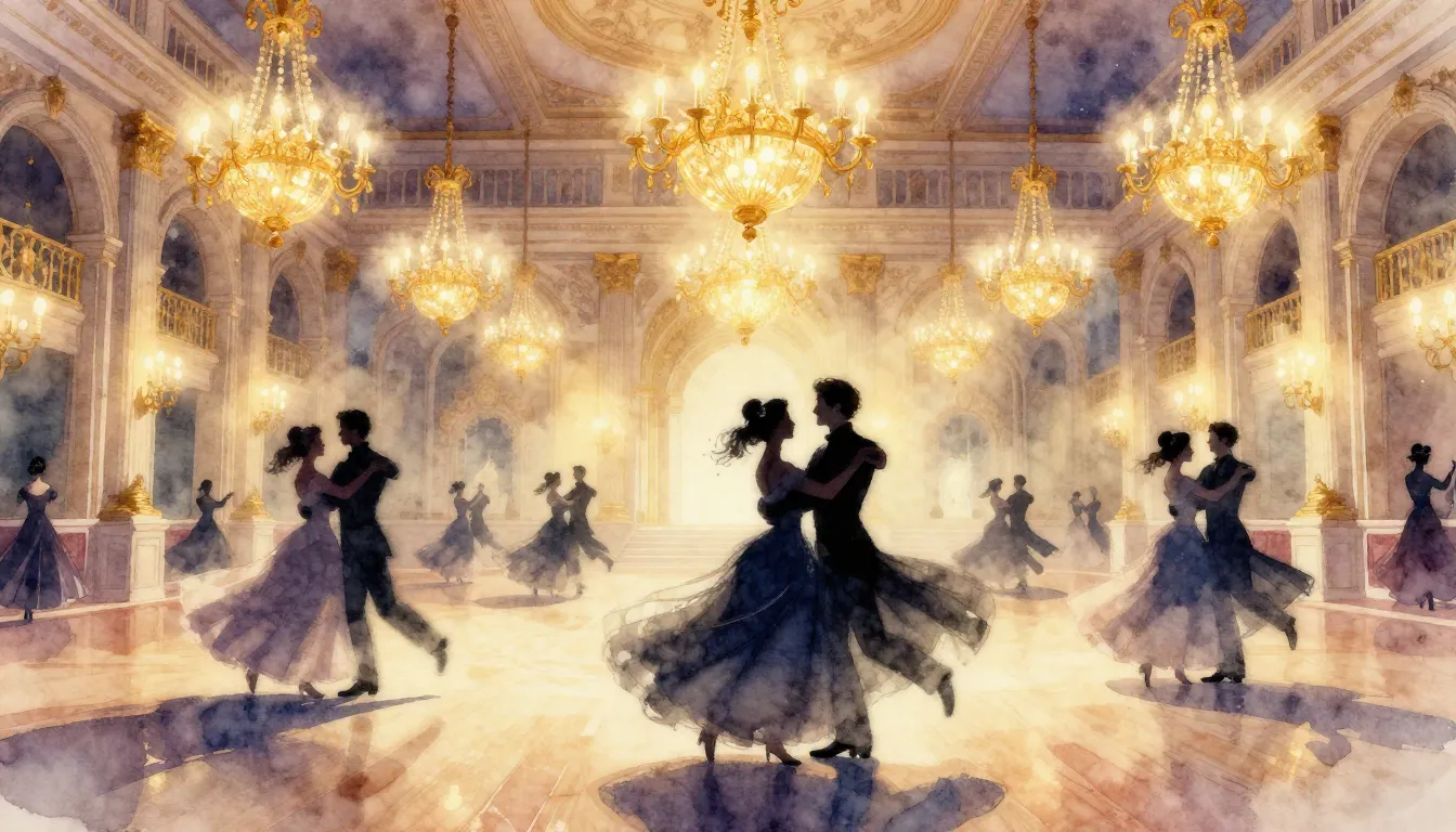 Watercolor style. A grand ballroom with golden chandeliers, ...