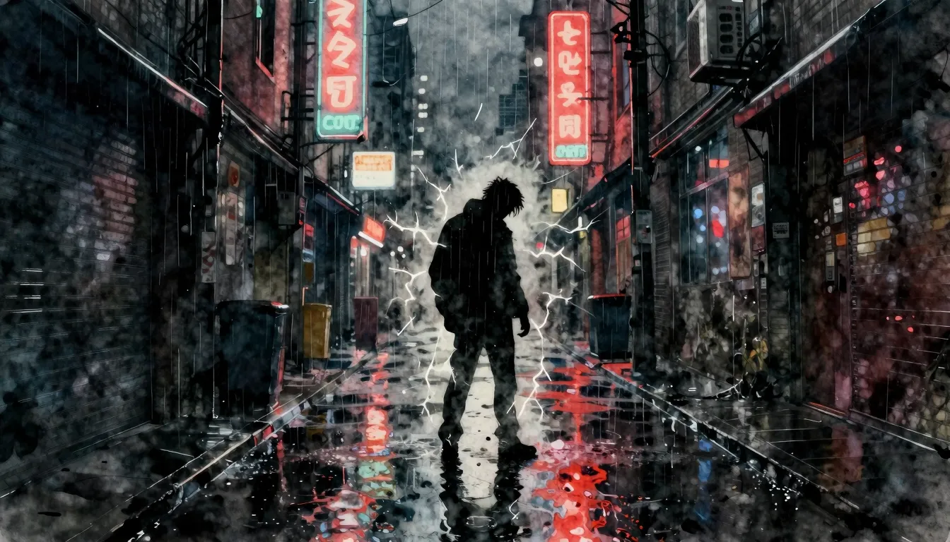 Watercolor style. A dark, gritty urban alley at night, rain-...