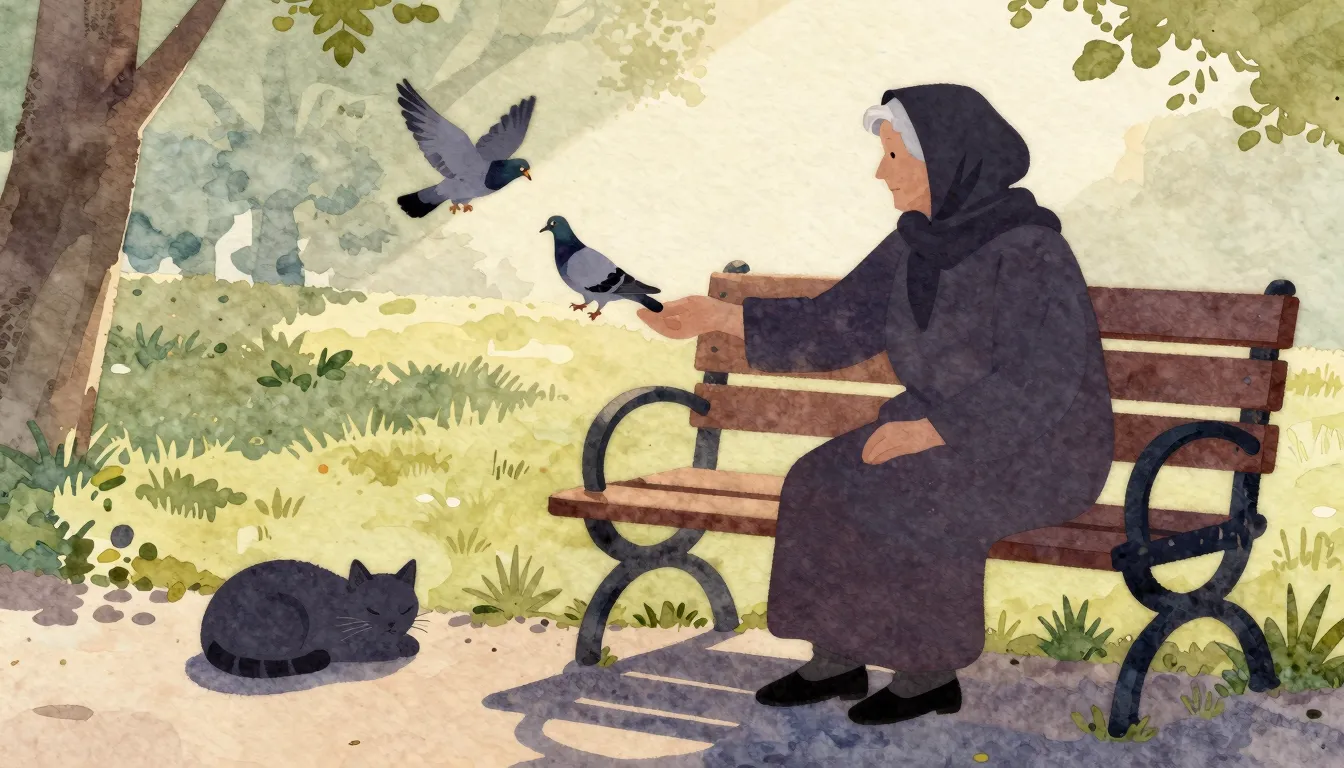 Watercolor style. A silhouette of an old woman with a headsc...