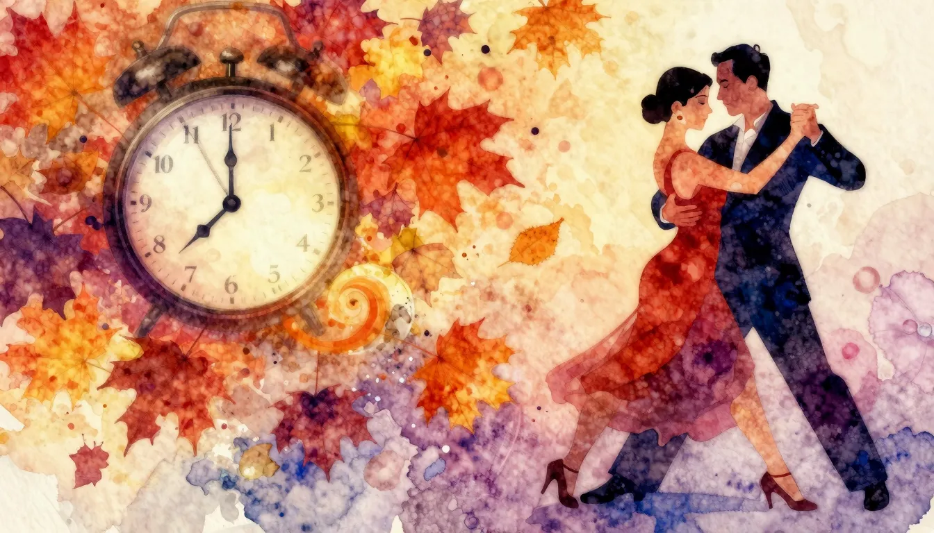 Vibrant watercolor style. Tango album cover, swirling autumn...