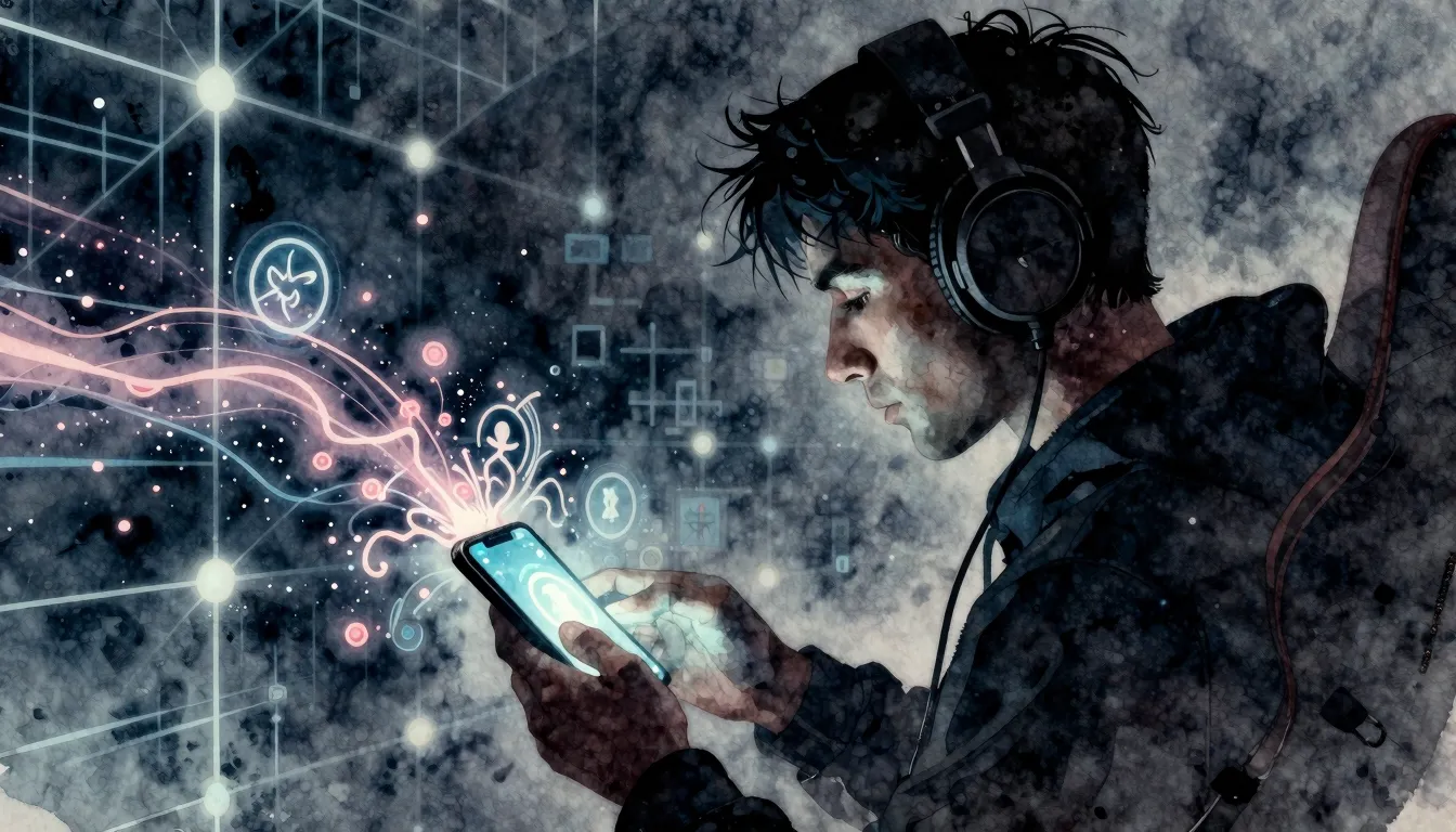 Watercolor style. A dark silhouette of a gamer with headphon...