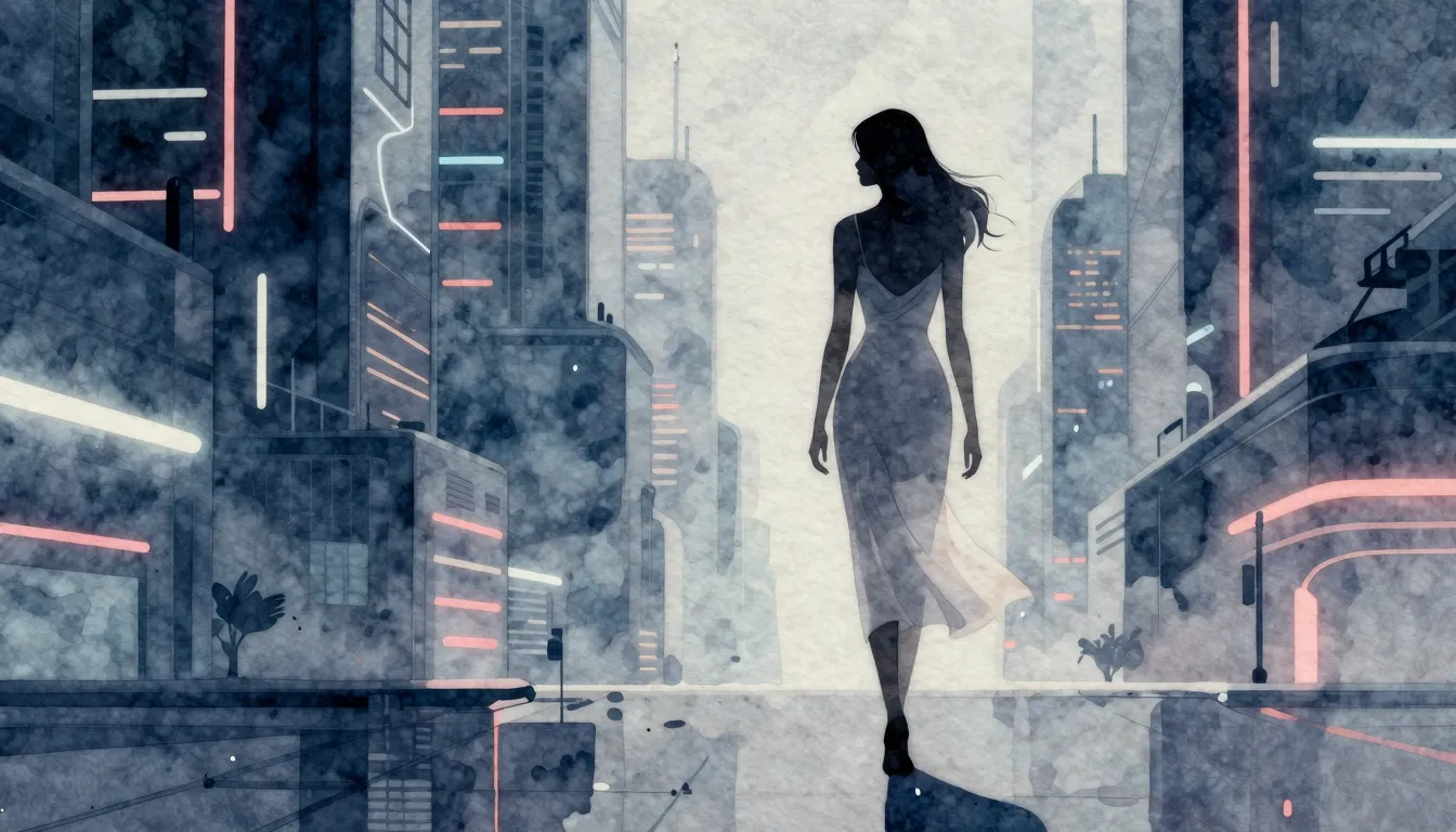 Watercolor style. A dark silhouette of a woman in a long whi...