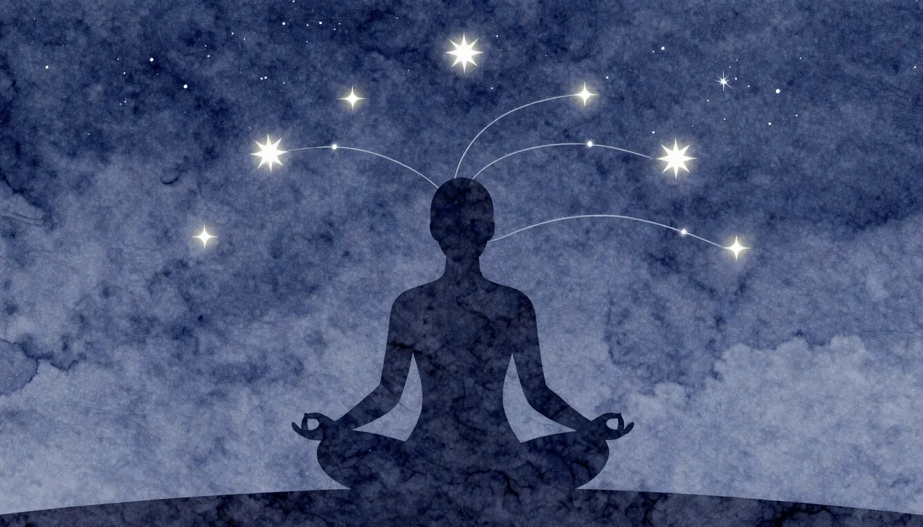 Watercolor style. A serene silhouette of a person meditating...
