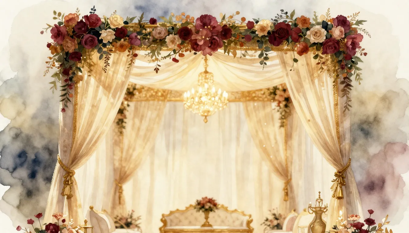 Watercolor style. Luxury Indian wedding scene, soft blurred ...