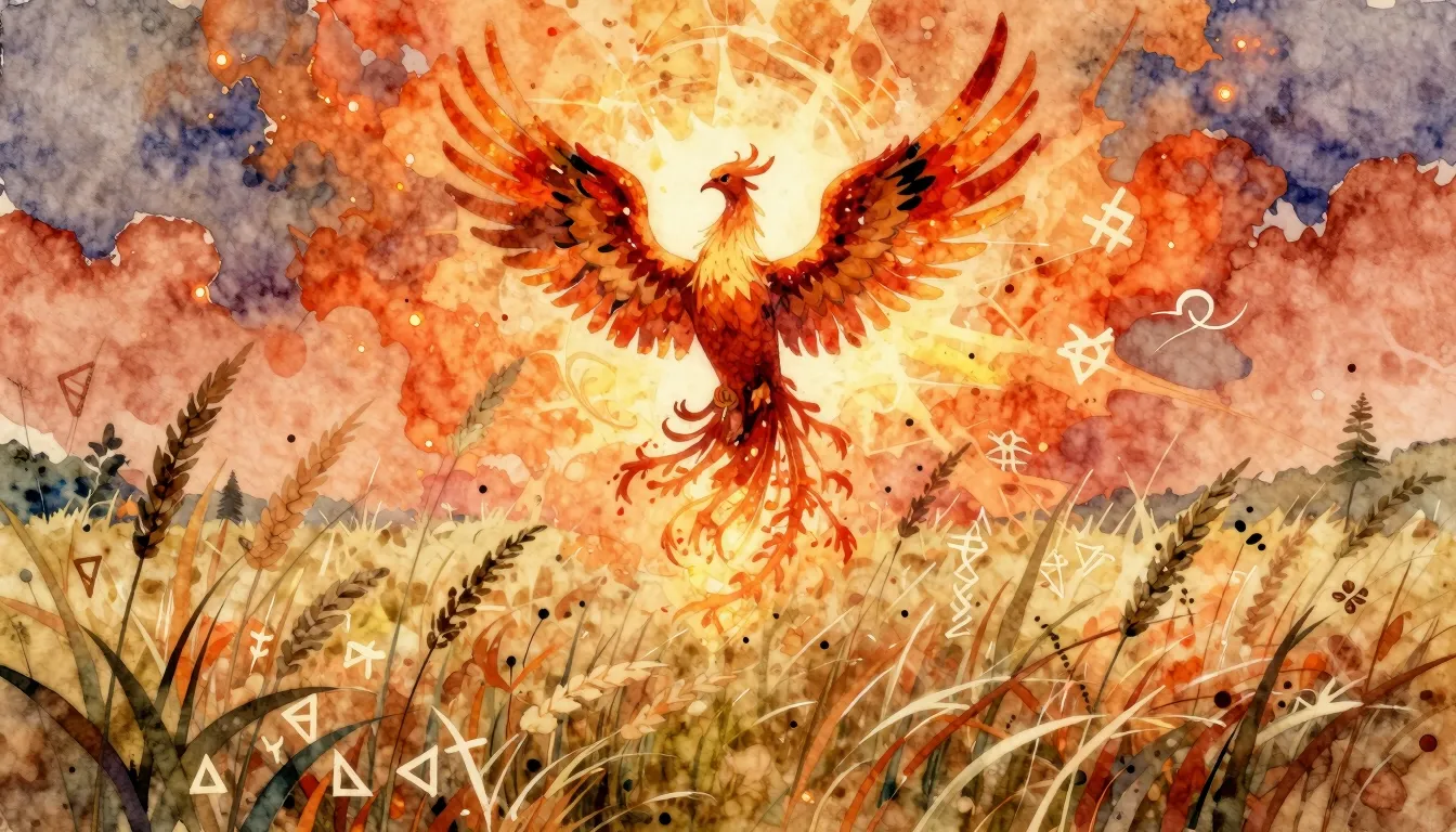 Vibrant watercolor style. Slavic folk album cover, phoenix r...