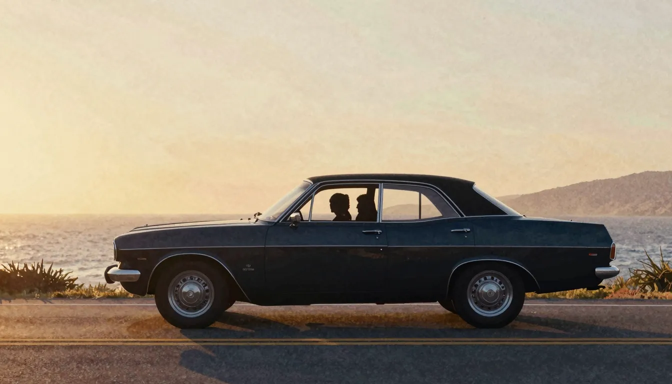 Watercolor style. A silhouette of a vintage large car drivin...