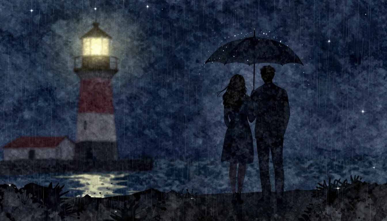 Watercolor style. Silhouette of a couple standing under an u...