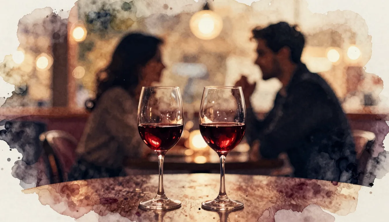 Watercolor style. Two glasses of red wine on a table in a di...