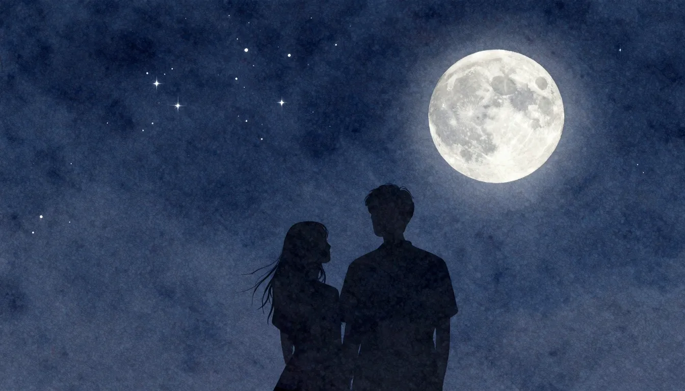Watercolor style. A silhouette of a couple under a starry ni...