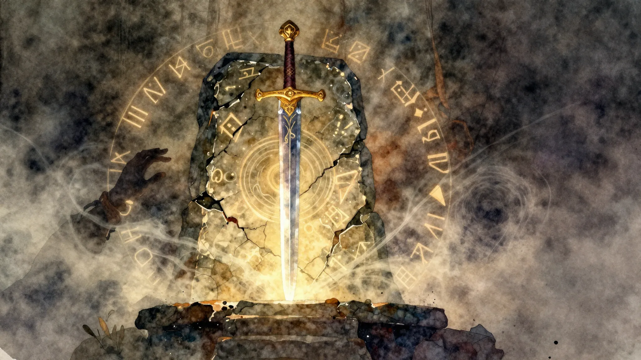 Vibrant watercolor style. A mystical, ancient sword embedded...