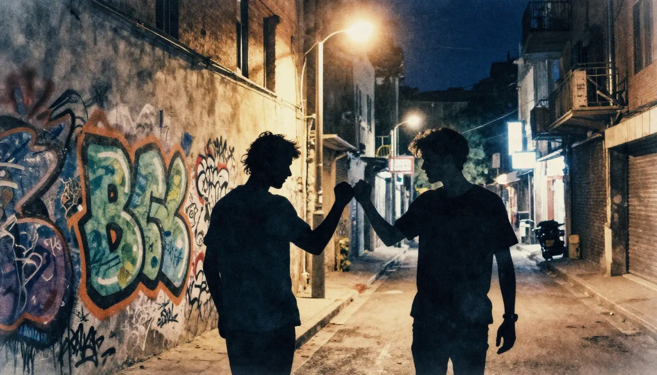 Watercolor style. Urban night street, graffiti wall, silhoue...