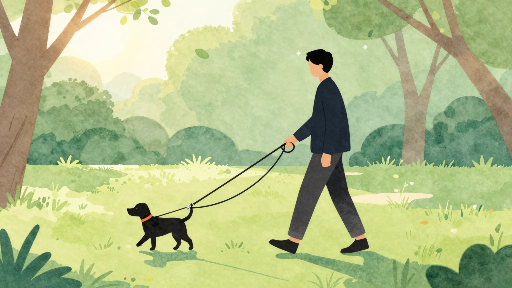 Watercolor style. A silhouette of a person walking a dog on ...