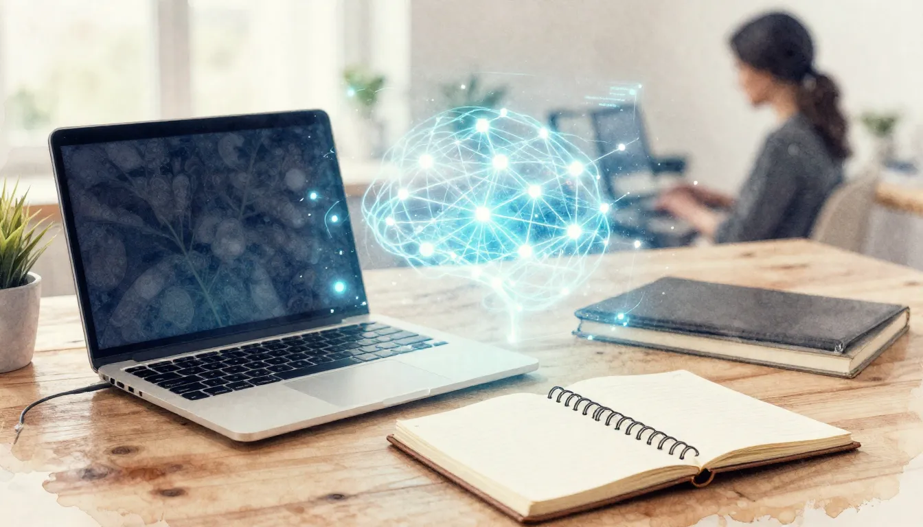 Watercolor style. A cozy workspace with a laptop, a notebook...