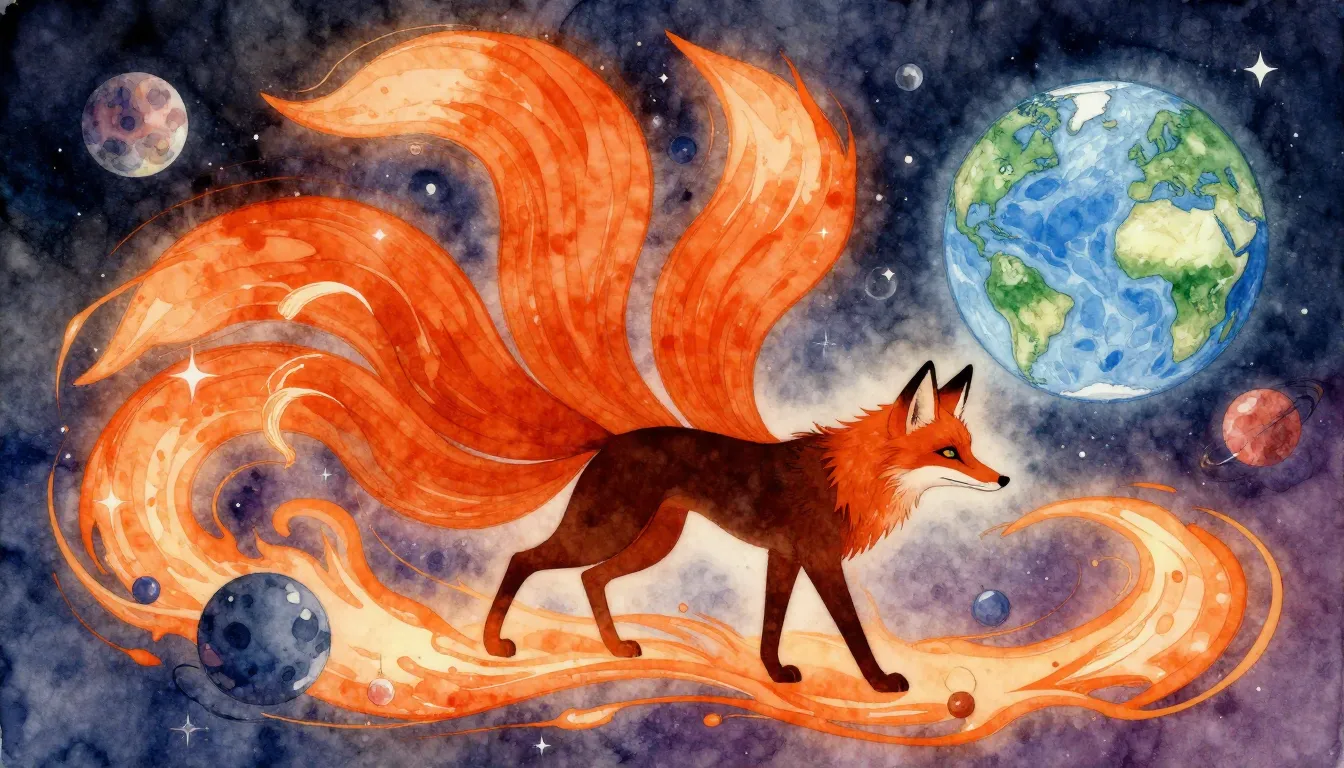 Watercolor style. Stylized silhouette of a giant nine-tailed...