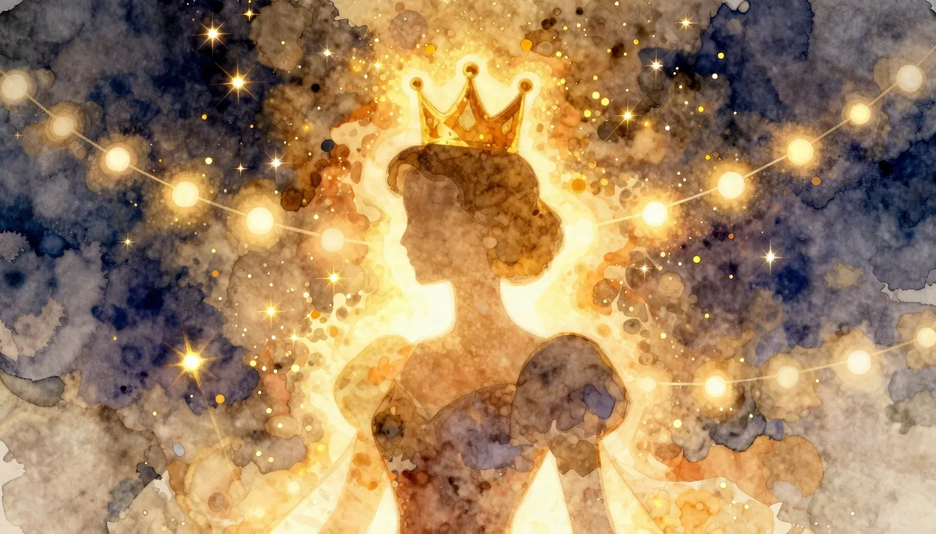 Watercolor style. A glowing silhouette of a queen wearing a ...