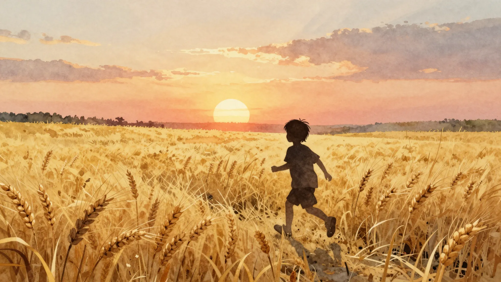 Watercolor style. Silhouette of a small child running throug...