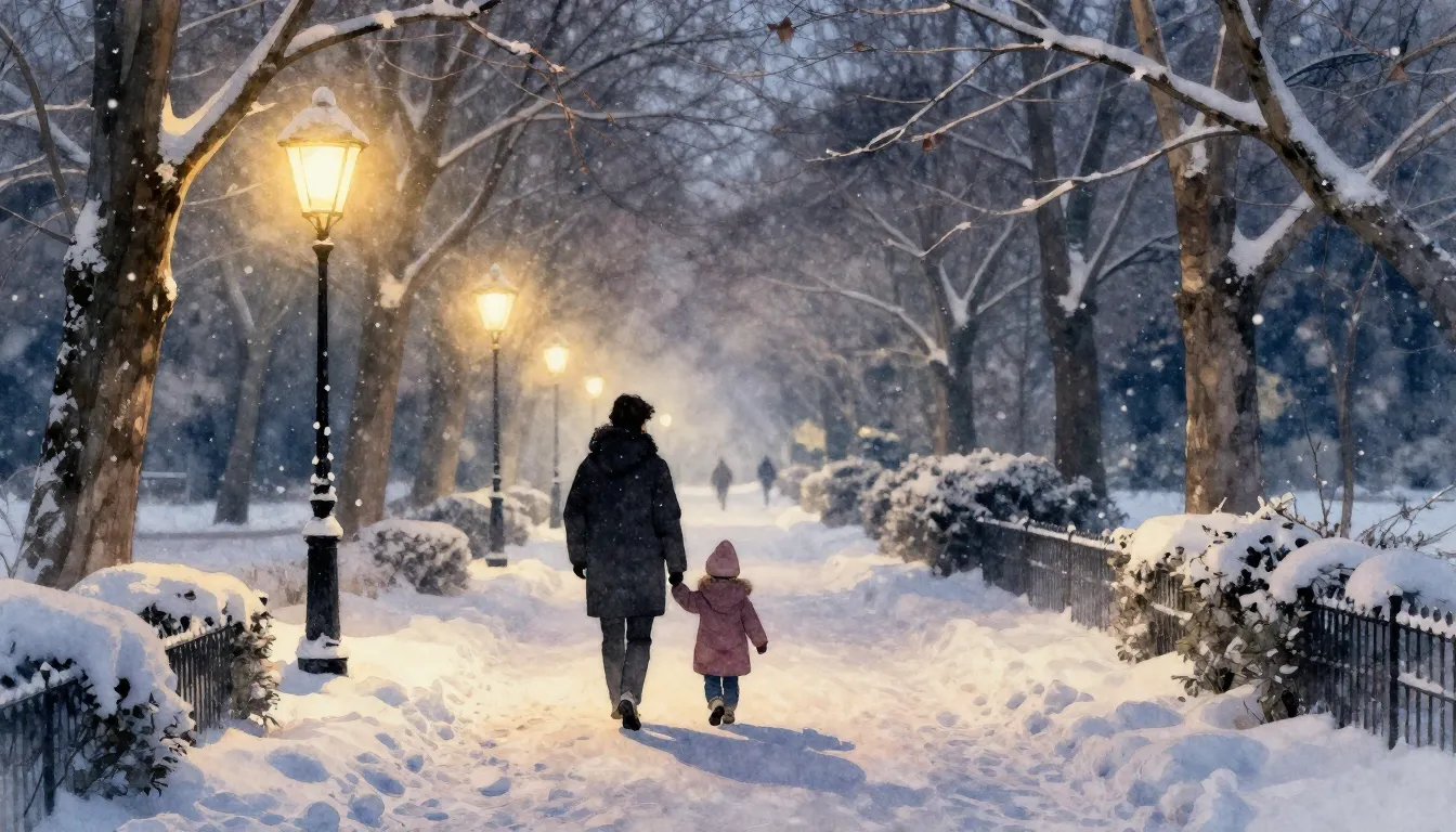 Watercolor style. A cozy winter evening scene in a park, sil...