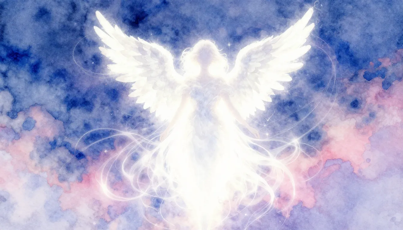 Vibrant watercolor style. "Falling white angel, ethereal glo...