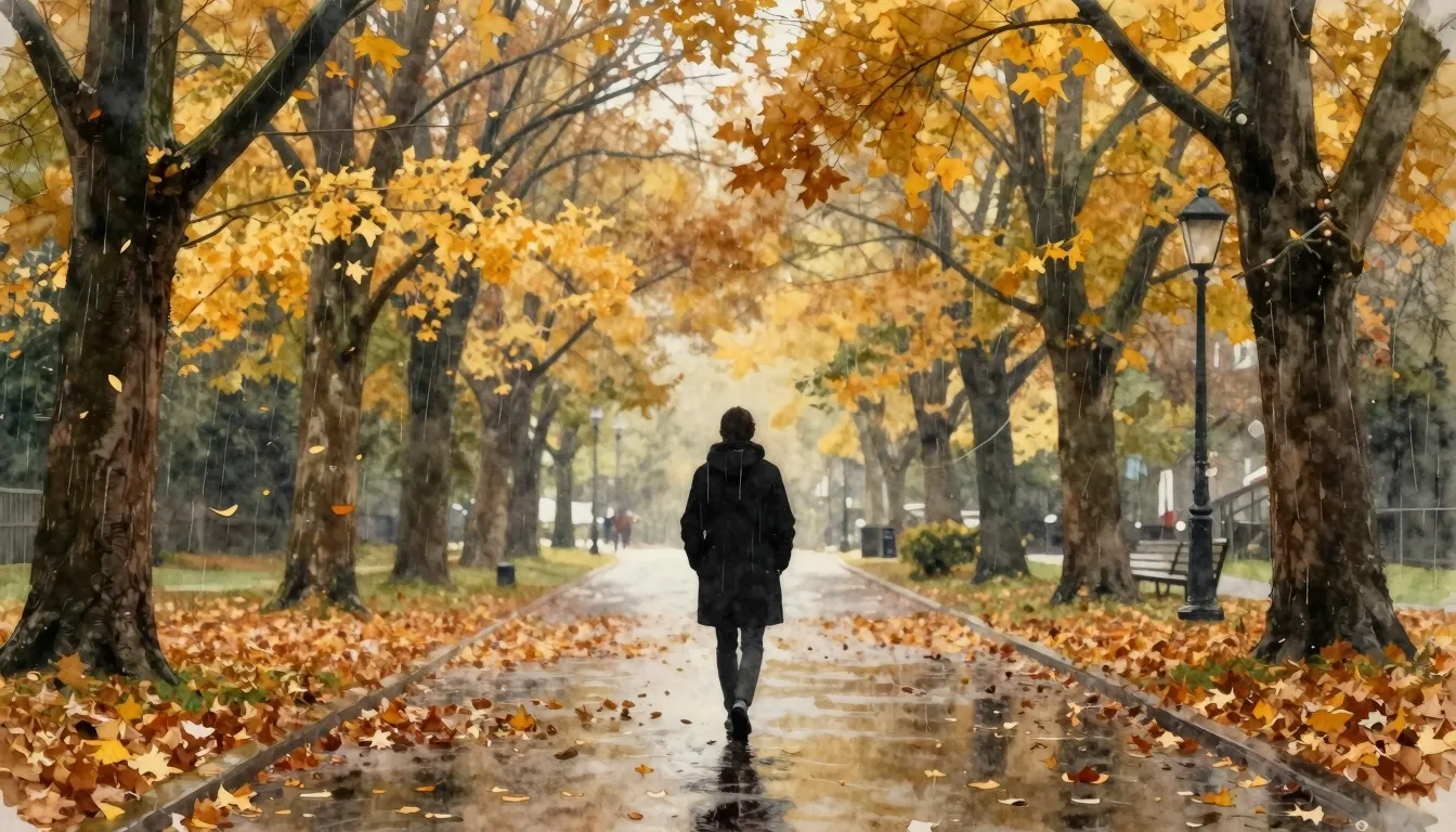 Watercolor style. Silhouette of a lonely person walking thro...