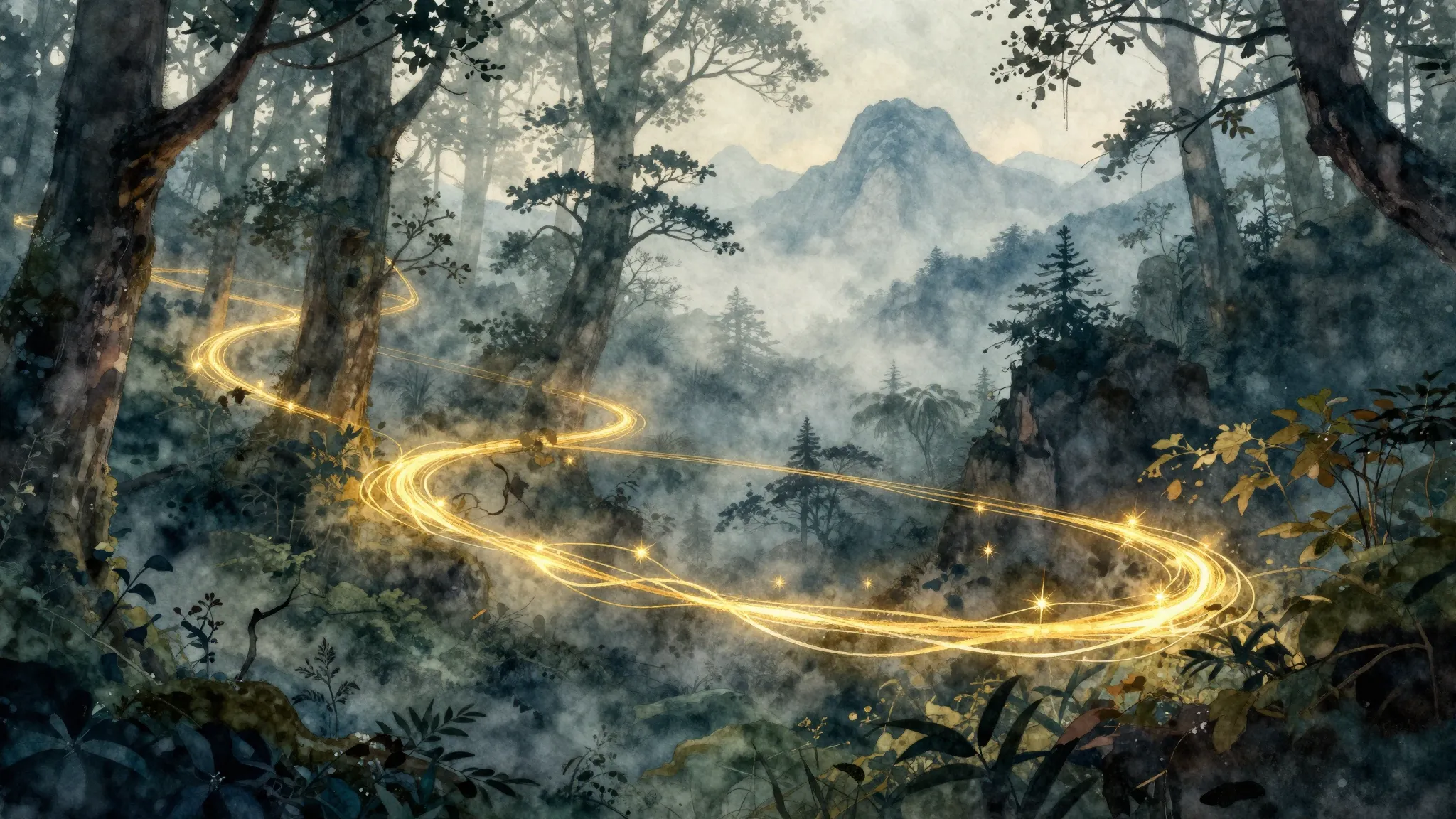 Watercolor style. A glowing golden thread weaving through an...