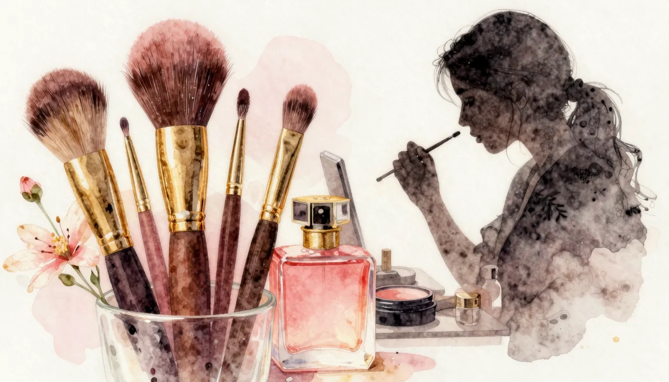 Watercolor style. Close-up of beauty tools, makeup brushes, ...