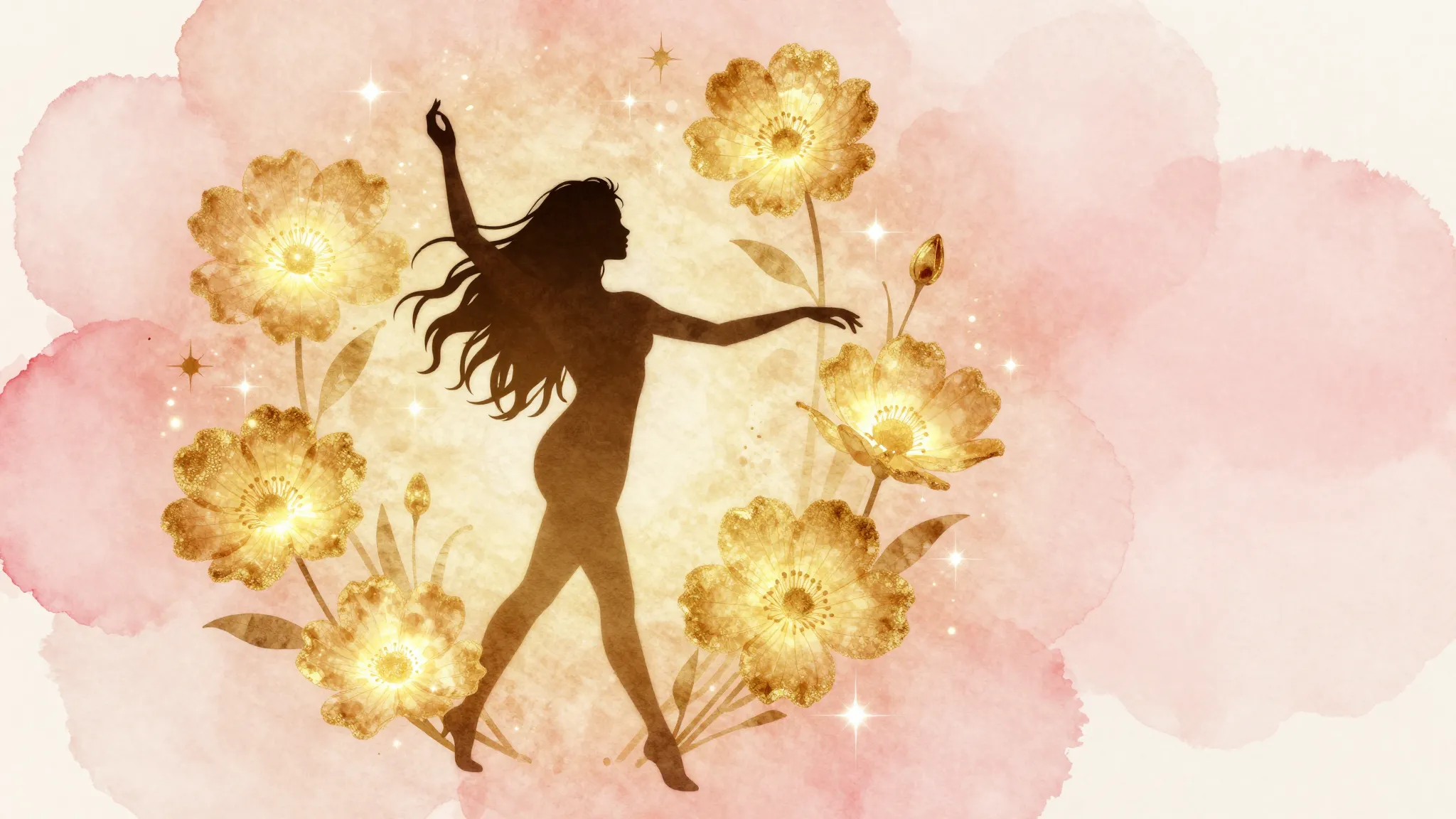 Watercolor style. Silhouette of a graceful woman surrounded ...