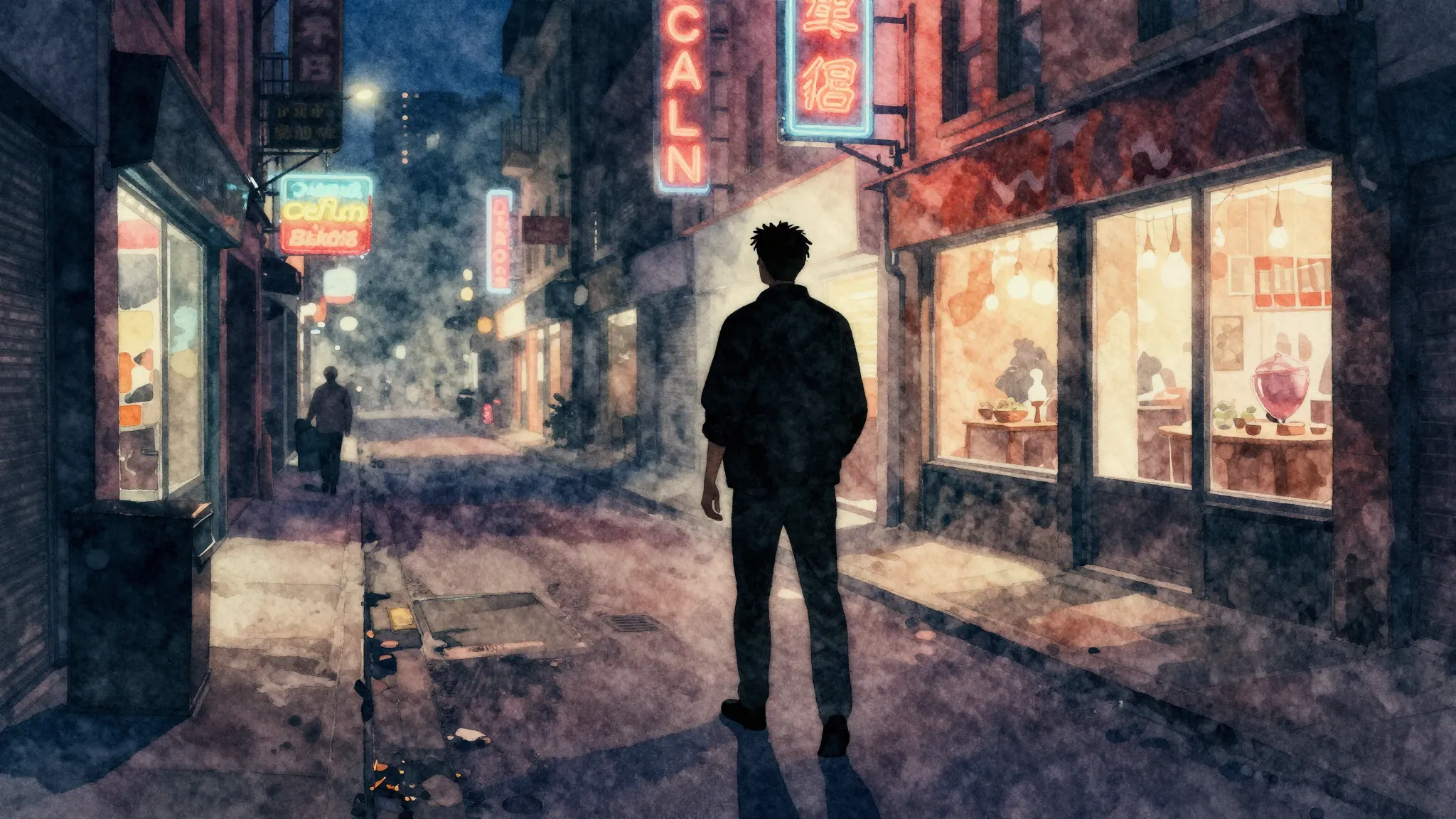 Watercolor style. A silhouette of a man stands on a dark cit...