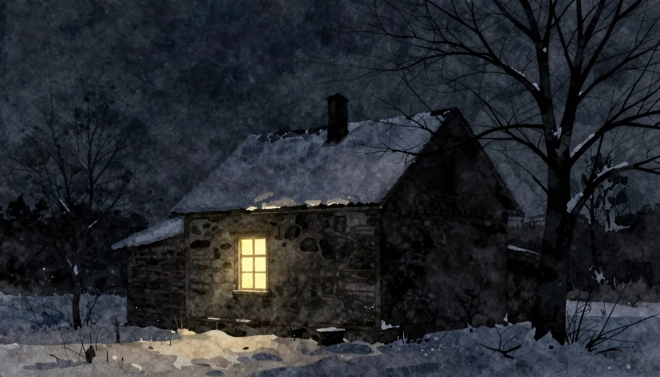Watercolor style. A silhouette of an old house with a glowin...