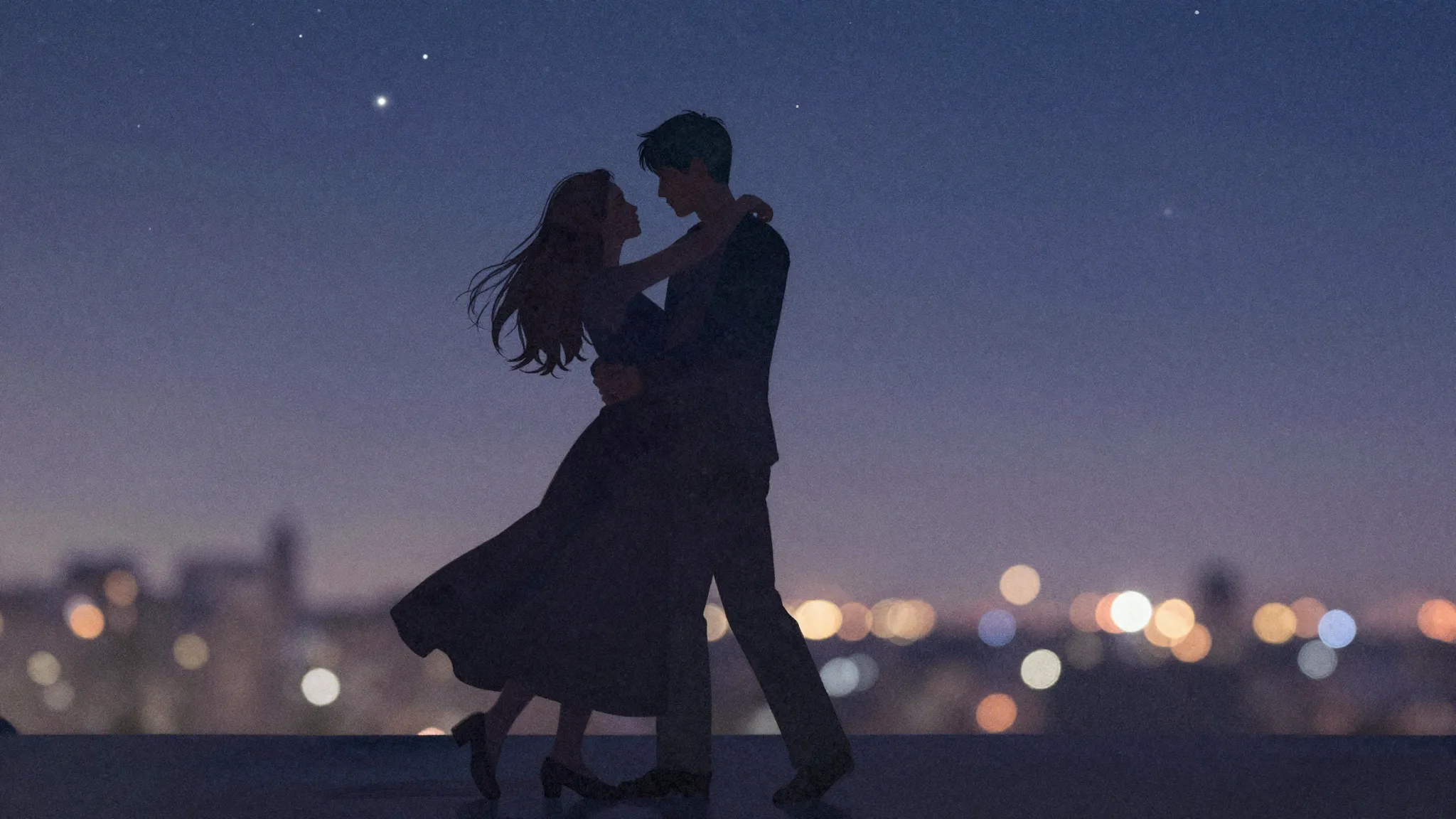 Watercolor style. A silhouette of a couple dancing under a s...