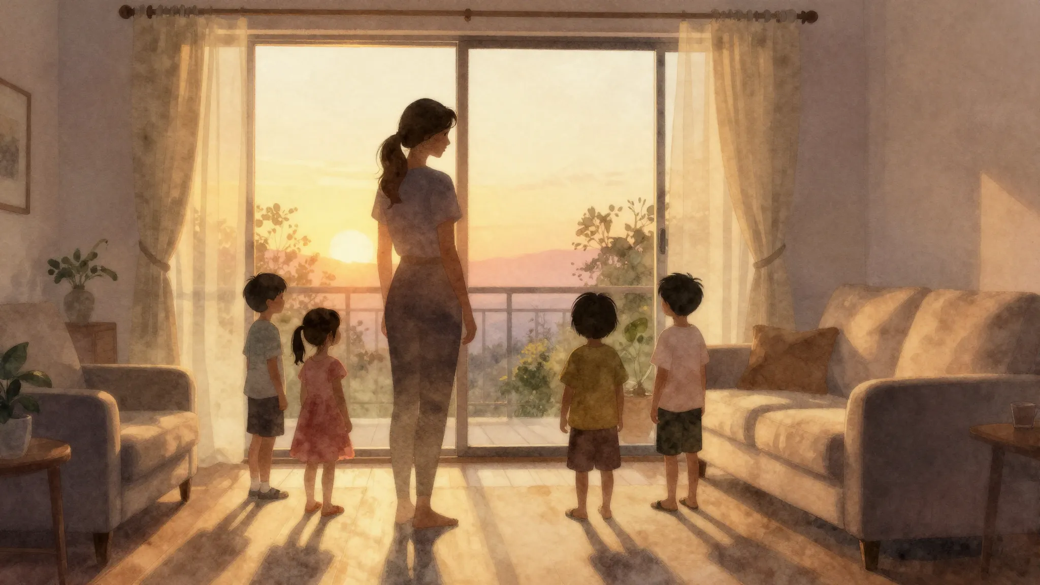 Watercolor style. A warm, cozy living room scene at sunset, ...