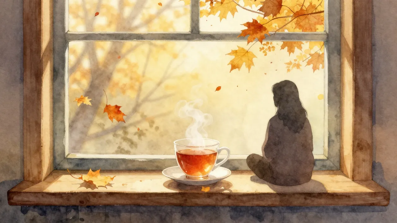 Watercolor style. A cozy window view of falling autumn leave...
