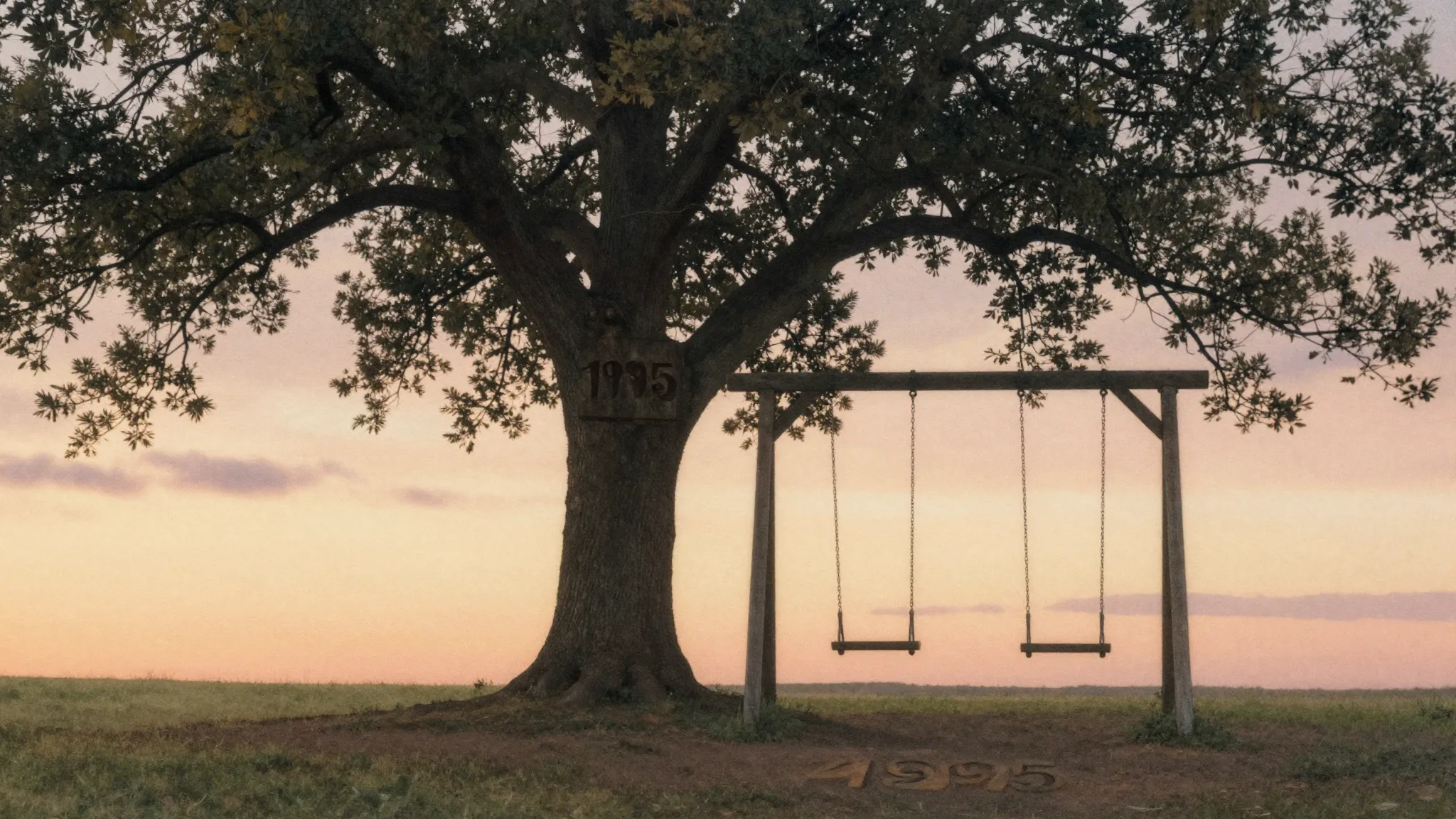 Watercolor style. Silhouette of a lonely school swing under ...