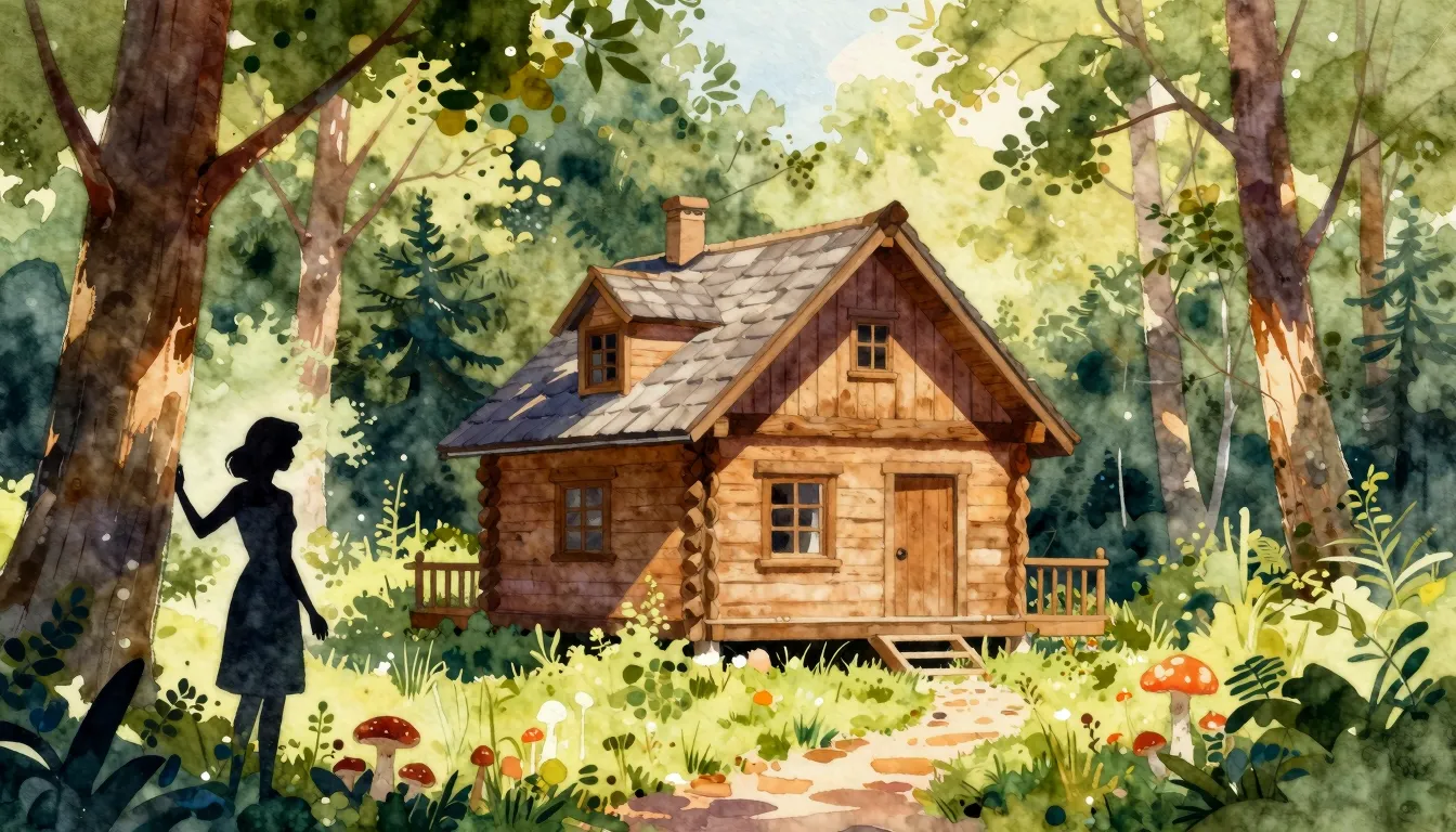 Watercolor style. A cozy wooden house in a sunny summer fore...
