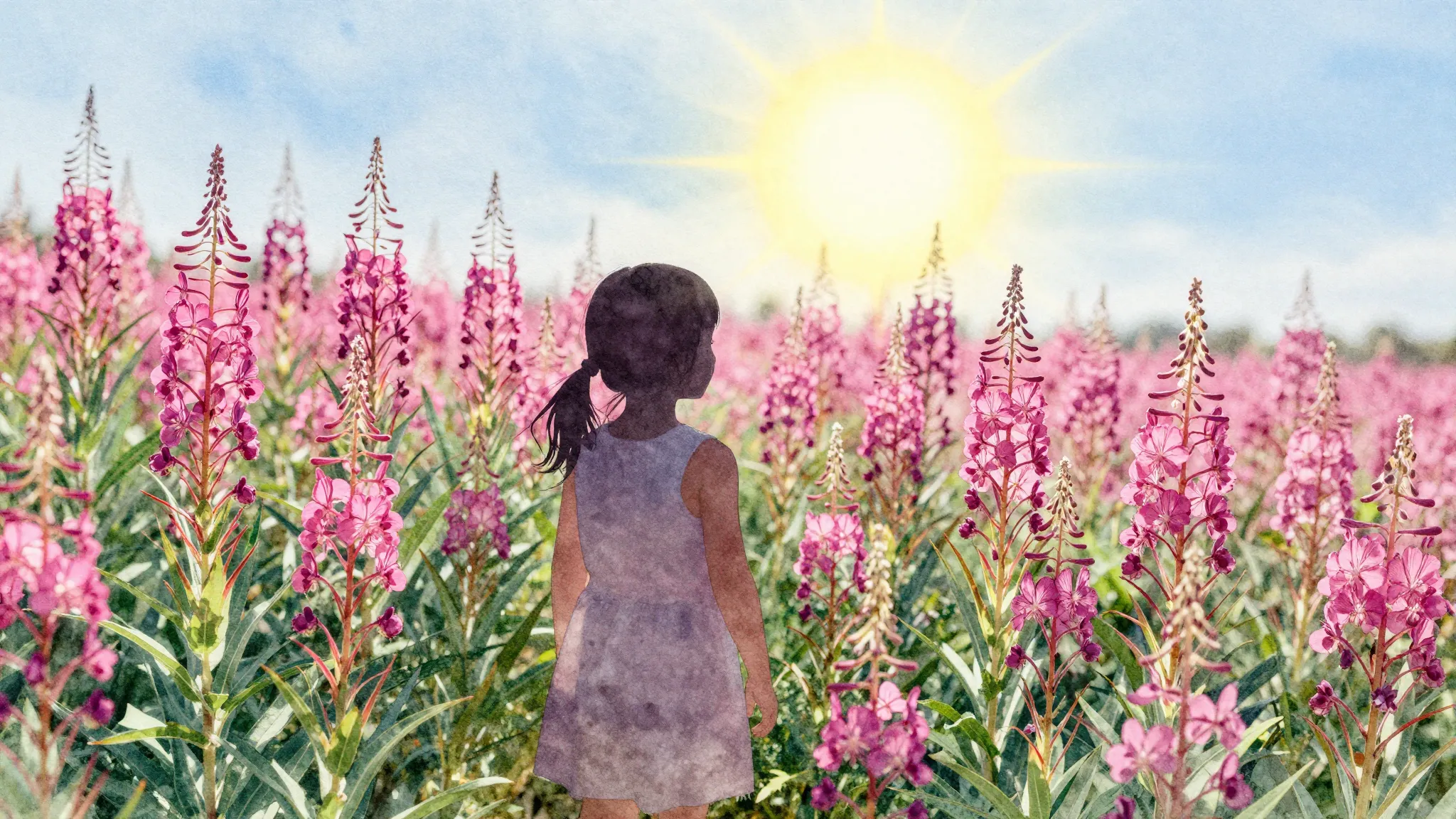 Watercolor style. Silhouette of a child in a field of tall p...