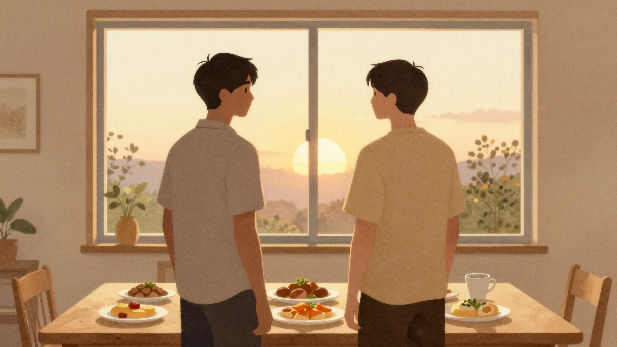 Watercolor style. Two male silhouettes standing side by side...