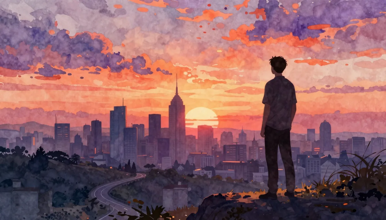 Watercolor style. A silhouette of a man stands on a hill at ...