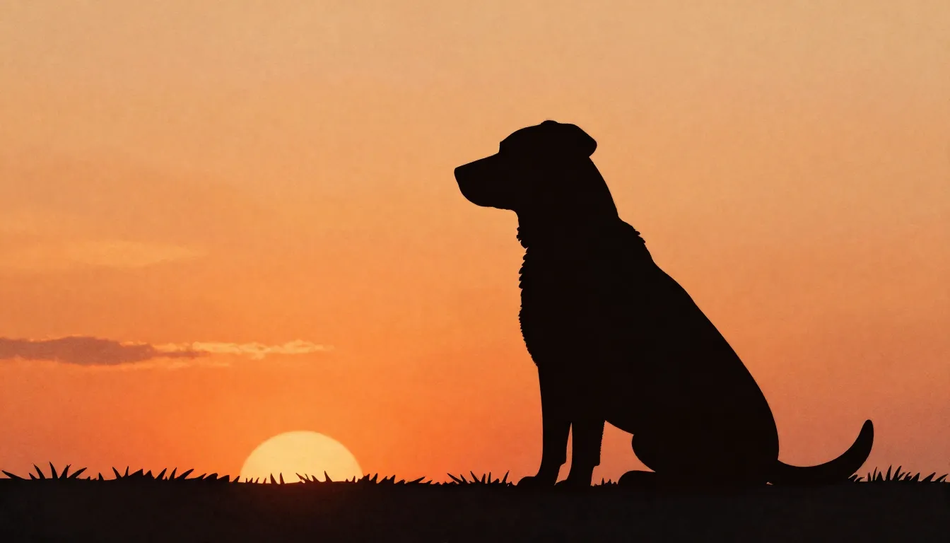 Watercolor style. A dark silhouette of a sitting dog against...