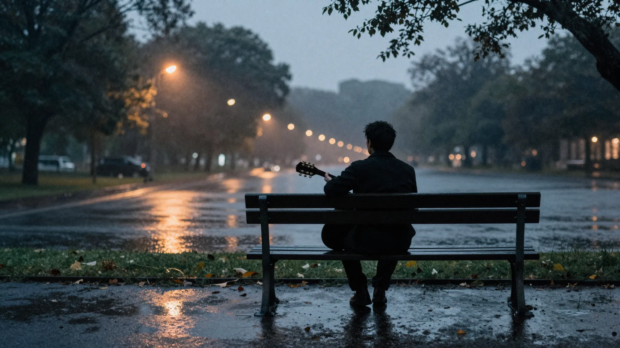 Watercolor style. A lonely silhouette of a man with a guitar...