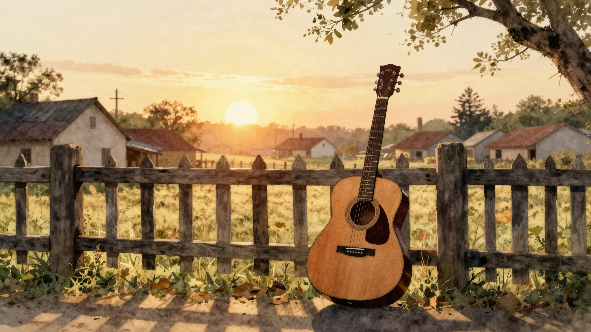 Watercolor style. A silhouette of a lonely guitar leaning ag...